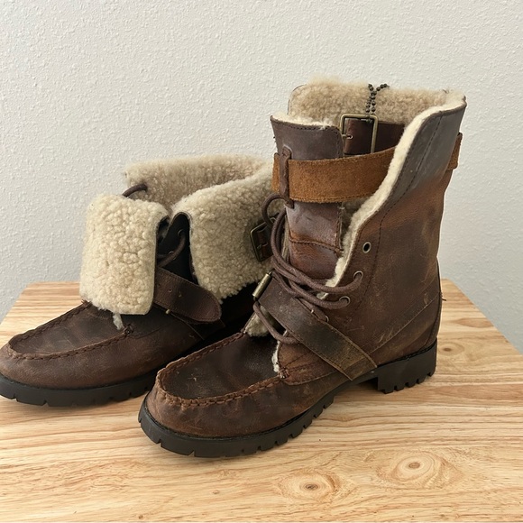 Ralph Lauren Brown Leather Shearling Boots | Cozy Winter Buckle Boots Size 7 - Picture 5 of 12